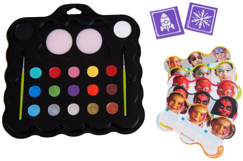Kinderschminkset fcr Kinder wasserbasiert Schwarz, Weif, Gold, Silber inkl. Schablonen, Pinsel, Schwmme - Grim'Tout Super Party Kit