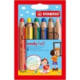 Stabilo Buntstift, Wasserfarbe & Wachsmalkreide - STABILO woody 3 in 1 - 6er Pack - mit 6 verschiedenen Farben