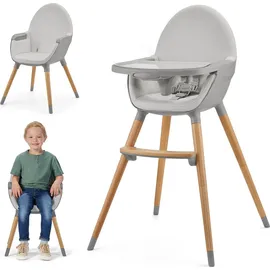 Kinderkraft Hochstuhl FINI2 2 in 1, Kinderhochstuhl, Babystuhl, Kombihochstuhl, Beine aus Holz, Sicherheitsgurte, Fußstütze, Doppeltablett, ab 6 Monate bis 5 Jahre, 5 Punkt Gurte, Grau