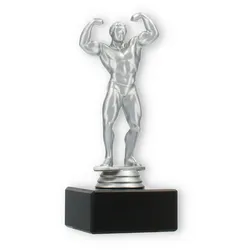 Pokal Kunststofffigur Bodybuilder silbermetallic auf schwarzem Marmorsockel 15,9cm