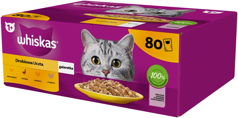 WHISKAS Adult Beutel 80 x 85 g Geflügelstückchen - Nassfutter für ausgewachsene Katzen in Gelee (Stückchen mit: Huhn, Ente, Geflügel, Pute)