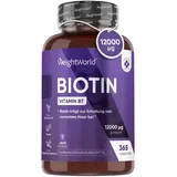 Biotin Tabletten - 12.000mcg reines Biotin für Haarwuchs, Haut & Bartwuchs - 365 vegane Tablets für 1 Jahr Vorrat - Vitamin B7 - D-Biotin (Vitamin H) für Frauen und Männer - Von WeightWorld