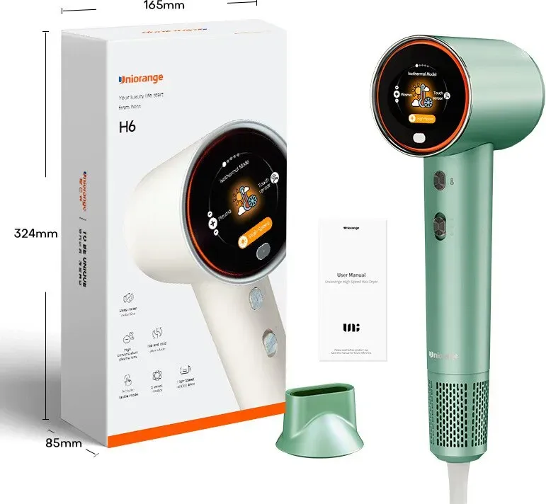 Uniorange H6 Plasma Highspeed-Haartrockner (Waldgrün), HD-LCD-Bildschirm, 5 intelligente Modi, 1600W Leistung und 1 Milliarde Plasma-Ionen, 110.000 U/min Highspeed-Motor, trocknet 5-mal schneller