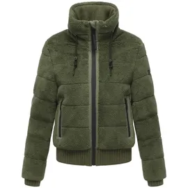 Navahoo Damen Teddy-Fleecejacke warme Winterjacke Plüschjacke mit Rippstrickdetails Schneepuder 14 Olive Leaf Gr. XL - XL