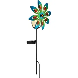 GLOBO Gartendeko Windrad LED Solarlampe Terrassenlampe bunt Außenlampe Erdspieß, Metall kupferfarben, Bruchglas, Warmweiß, Lxh 20x50 cm