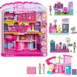 Barbie Mini Barbie Land Traumvilla und 3 Spielsets mit 4 ca. 3,8 cm großen Puppen, Puppenhausmöbeln und -zubehör, enthält Tierhandlung, Friseursalon und Supermarkt, JGL31