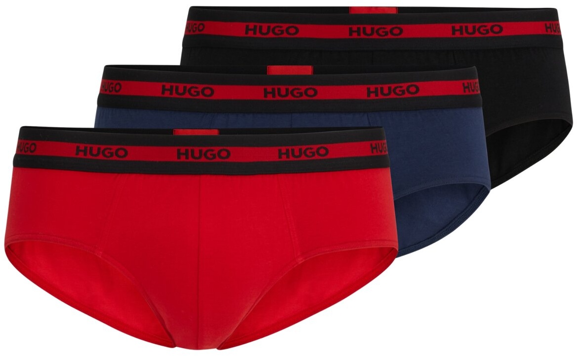 HUGO Herren Slips, 3er Pack - Hip Briefs Triplet Planet, Logo, Cotton Stretch Rot/Blau/Schwarz M
