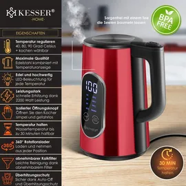 Kesser KESSER® Wasserkocher Edelstahl 1.7 Liter LED-Anzeige 4-Modi Temperatureinstellung 40°C-100°C 30min Warmhalten elektrischer Teekocher 2200W BPA-Frei Kalkfilter | Easy-Open-Deckel