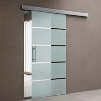 doporro Glasschiebetür komplettset Softclose 102,5 x 205cm Schiebetür mit ESG 25mm Wandabstand Zimmertür 5-Milchglas-Streifen mit Stangentürgriff - Transparent/milchig