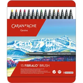 Caran d'Ache Fibralo Brush Sortiment mit 15 Farben, wasservermalbare Fasermaler mit Pinselspitze 0,5-5 mm, 0186.315