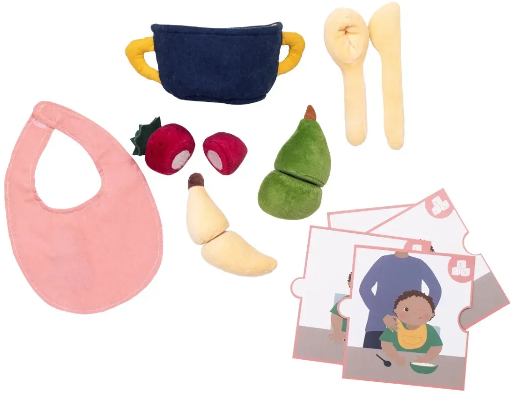 Rubens Barn Baby-Zubeh6rset Essen Puppenzubehf6r - Stofftopf, Lbtzchen, Spielobst, rot/grfn/gelb - Handgenht, waschbar