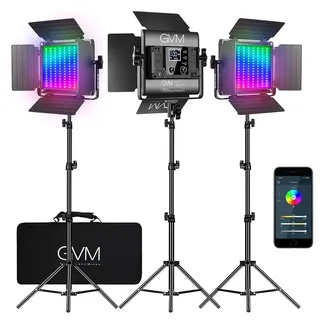 GVM RGB Videolicht Panel mit Stativ Set, 3er Pack 3200K-5600K 800D LED Studiolicht, APP-Steuerung Fotografie Dauerlicht 18 Lichteffekt für Video YouTube Konferenzlicht Streaming Film, CRI97+