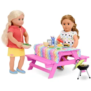 Our Generation – Lebensmittel-Spielzeug – Rosa Gartenmöbel – 46 cm Puppenzubehör – Fantasiespiel – Spielzeug für Kinder ab 3 Jahren – Picknick-Tisch mit Snacks