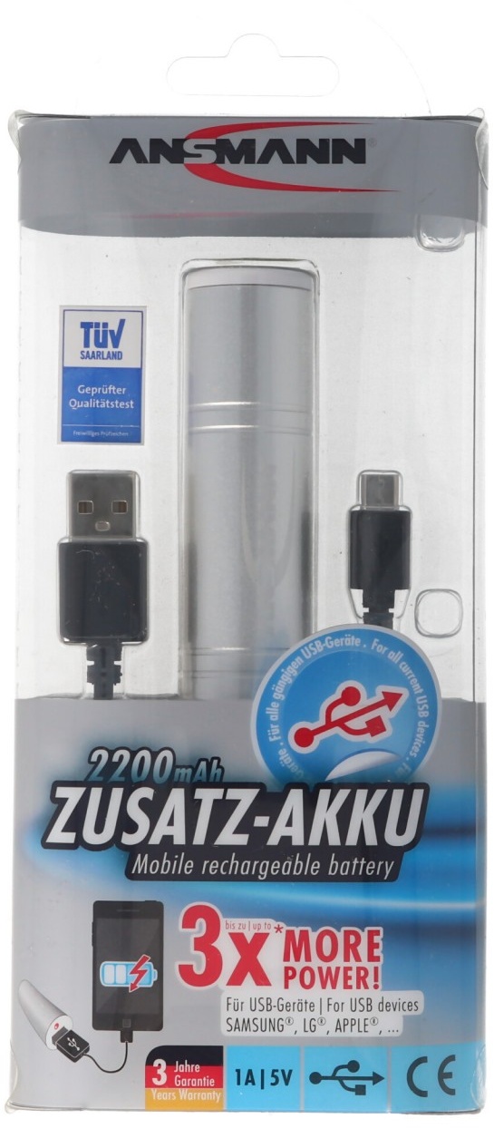 ANSMANN 1700-0009 Powerbank 2200mAh externer Zusatz-Akku für Smartphones und weitere USB Geräte