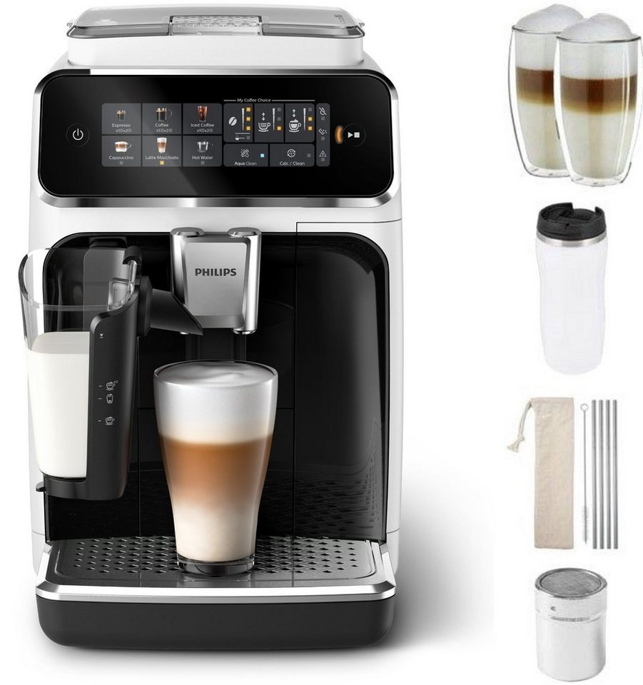 Philips Kaffeevollautomat EP3343/50 3300 Series, 6 Kaffeespezialitäten, mit LatteGo-Milchsystem, Weiß/Schwarz schwarz|weiß
