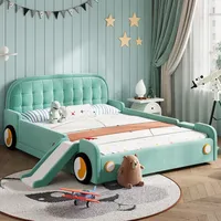 Flieks Kinderbett 140x200cm mit Rutsche und Treppe, Polsterbett mit Rausfallschutz und Lattenrost, Kinder Doppelbett Autobett Samt, Grün - Grün