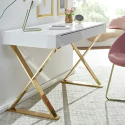 KADIMA DESIGN Schreibtisch 118x76x57 cm Holz Hochglanz Weiß Metallbeine Golden, Design Computertisch PC-Tisch Bürotisch Modern, Konsolentisch