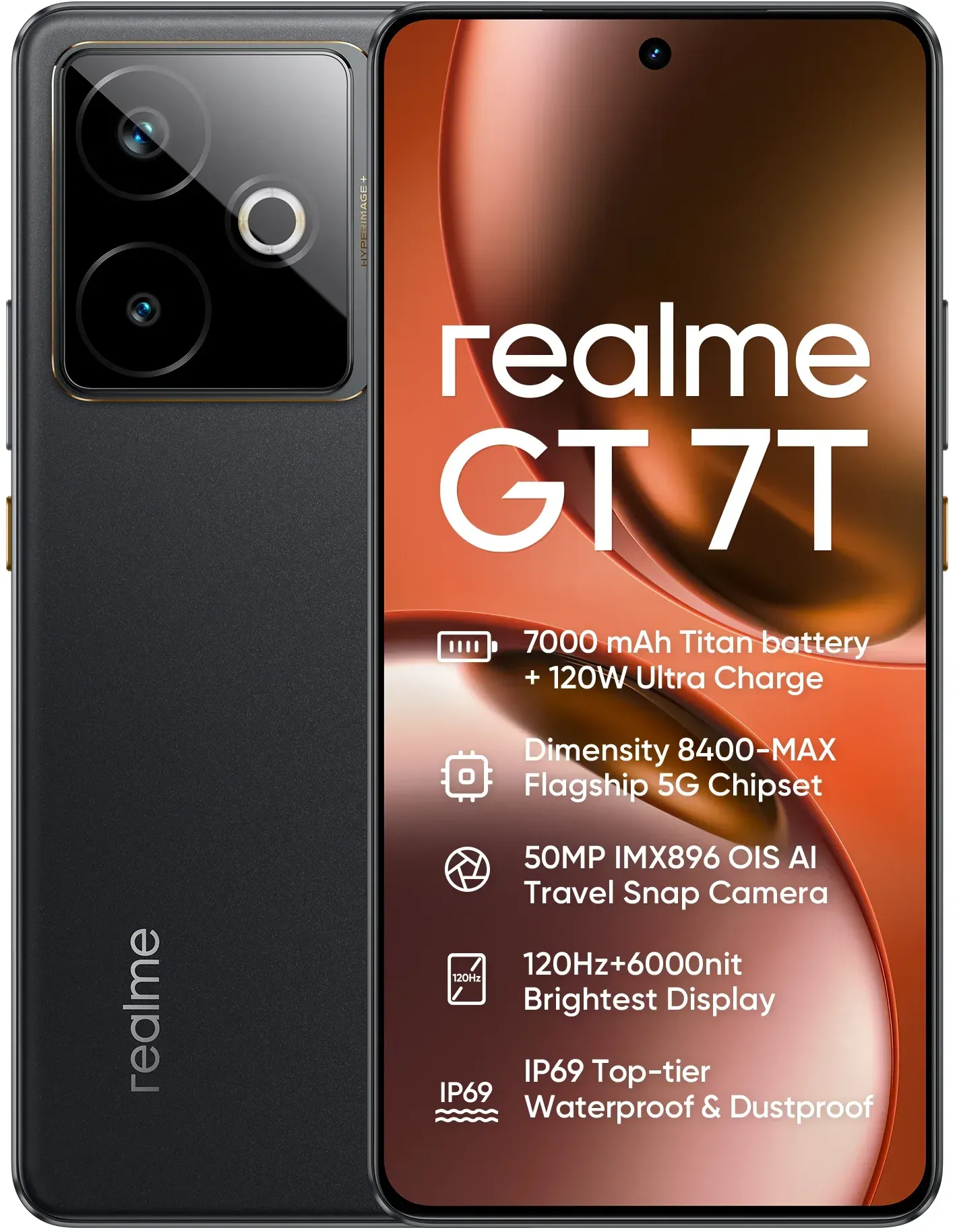 Neues Realme GT 7T 5G Smartphone 50MP IMX896 OIS Kamera Abmessung 8400-MAX Chipsatz 6,78 Zoll AMOLED 120Hz 7000mAh 120W Aufladen