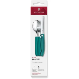Victorinox Classic Picknick Besteck-Set, 3-teilig, Reisebesteck, Inkl. Klappbarem Messer, Gabel und Löffel, Robuste Kunststoffgriffe, Grün