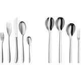 WMF Silk Besteck Set 12 Personen, Essbesteck 60 teilig, Monobloc-Messer & Nuova Servierteile Set 4-teilig, Salatbesteck, Servierlöffel, Serviergabel, Cromargan Edelstahl poliert, spülmaschinengeeignet