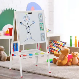 Relaxdays Kinderstandtafel, magnetische Spieltafel, höhenverstellbar, 122-160x65x69 cm, Whiteboard & Kreidetafel, weiß