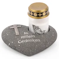 Novaliv Grabschmuck Herz Anthrazit mit Kreuz Spruch In stillem Gedenken inkl. LED Grablicht Weiß Grabdeko Grabherz Wetterfest Grabdekoration Gedenkstein Teelichthalter Trauerstein