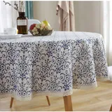 Runde Tischdecke Abwaschbar Baumwolle Leinen Tischtuch, Treer Staubdicht Pflegeleicht Tischdecken mit Spitze Blaue und weiße Porcelain Muster für Home Küche Tischdekoration (Blau,Durchmesser 100cm)