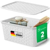 Novaliv 2er Set Eleganter Aufbewahrungskorb mit Deckel in Rattan-Optik | Weiß Lebensmittelecht Kunststoff 5L ? Perfekt für Bad & Kleidungsaufbewahrung. Aufbewahrungsbox Badezimmer Körbchen.