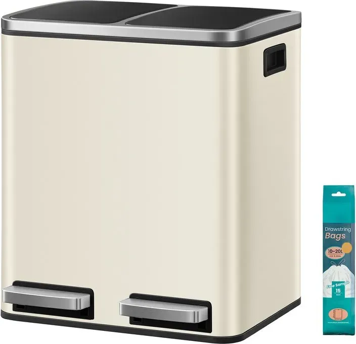 Ochama Treteimer 30L, Mülltrennsystem mit 2 Fächern, Abfalleimer für Küche, Softclose-Deckel, inkl. Müllbeutel, beige-schwarz