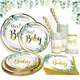 Heboland Babyparty Deko Neutral Partygeschirr Set für 25 Personen, 125 Stück Grün Gold Karton Papier Teller Becher Servietten Strohhalme für Baby Shower Junge Mädchen