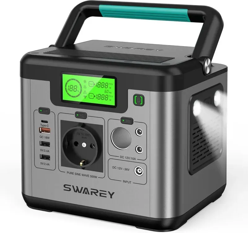 [Sommerangebote - mit Next-Day-Lieferung] SWAREY Tragbare Powerstation 518 Wh, S500 Solar-Generator mit 500 W (Peak 1000 W) Reiner Sinus-AC, 65 W USB-C-Schnellladung, Notstromversorgung für Outdoor Camping Wohnmobil Zuhause