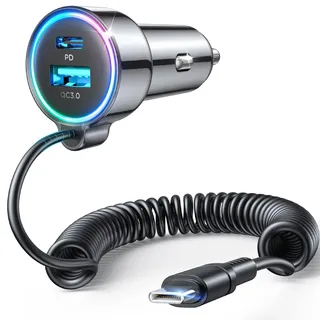 2026 Upgrade 90W Zigarettenanzünder USB C Adapter, [DUAL CHIP] 3 Häfen 45W PD3.0 & QC3.0 Schnell Kfz Ladegerät mit 1.5M Schnell Spiral Typ C Kabel, Auto ladegerät für iPhone 17/16/15, Samsung S26/S25