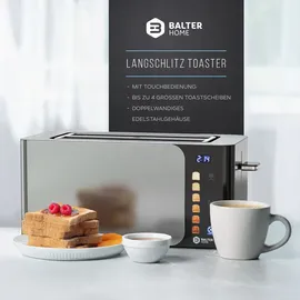 Balter Toaster 4 Scheiben, Langschlitz, Edelstahl, Brötchenaufsatz, LCD Display, Auftaufunktion, Brotzentrierung, Krümelschublade TS-44 Silber