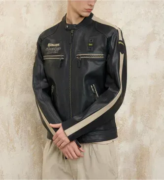 Blauer für Herren. 25SBLUL02403 Bikerjacke bicolor garner schwarz (L), Lässig, Leder