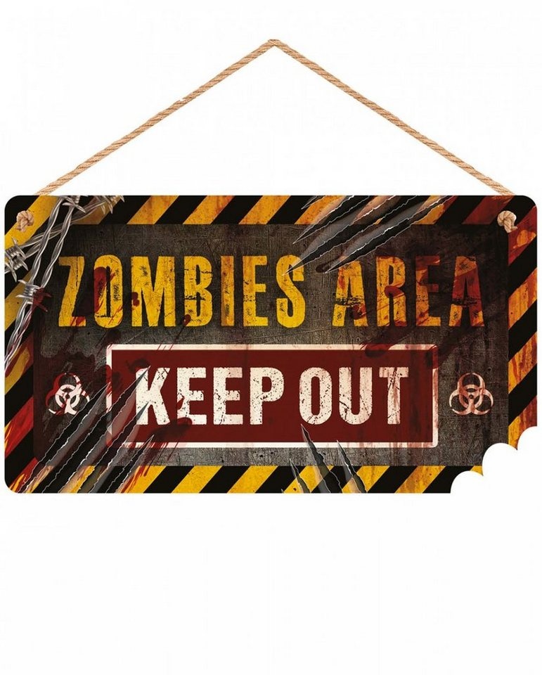 Horror-Shop Hängedekoration Zombie Area Keep Out Holz Warnschild für Halloween gelb|rot|schwarz|weiß