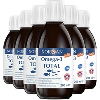 NORSAN Premium Omega 3 Fischöl Total Naturell hochdosiert 6er Pack (6x 200 ml) / 2.000mg Omega 3 pro Portion/Omega 3 Öl 1120mg EPA & 536mg DHA/Omega 3 Premium Öl mit 800 IE Vitamin D3