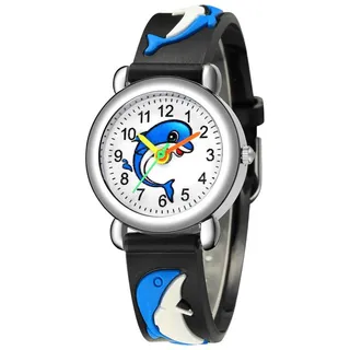LIWEARE Kinderuhren- Kinderarmbanduhr 3D Cartoon Kinderuhren Einfach zu Lesende Zahlen, Niedliches Delphinmuster für Jungen Mädchen Kinder (Schwarz)