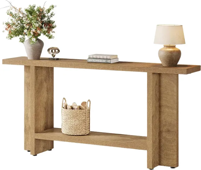 Tribesigns 150 cm schmaler Konsolentisch mit Regal, Flurtisch, langer Sofatisch hinter der Couch für Wohnzimmer, Flur, Eingangsbereich, einfache Montage, helles Eichenbraun