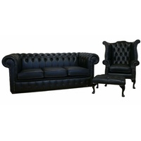 JVmoebel Chesterfield-Sofa, Sofagarnitur Chesterfield Polster Couch Sofa Leder Sitz Garnitur schwarz