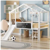 Odikalo Kinderbett 90x200 Hochbett mit Rutsche (Kinderbett 90 x 200 cm Dachboden-Design mit Sicherheitsleiter und Sicherheitsrutsche,mit Graffiti-Tafel, Multifunktionsbett Massivholzbett Einzelbett Hochbett Grau / Natur / Weiß) weiß