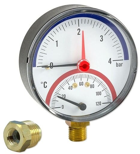 Thermo-Manometer Ø 80 mm - Anschluss radial - Anzeige 0 - 4 bar / 0 bis 120 °C