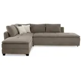 luma-home Ecksofa-Dauerschläfer, Doppelbett 306/223/95 cm Boxspring Federkern Ecksofa 306x223 Dauerschläfer, Bettkasten, Nachtkonsole, Schwenkteil beidseitig montierbar, Cord Braun Taupe / 15162