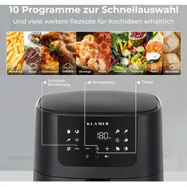 Klamer Heißluftfritteuse 5l XL, Heissluftfritteuse mit Sichtfenster & Schüttel-Erinnerung, Ölfreier 1500W Airfryer mit LED-Touchscreen, digitale... - Schwarz