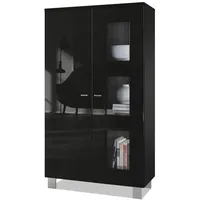 Vladon Vitrine, Schwarz Hochglanz, 71x129x35 cm, Wohnzimmer, Wohnwände, Vitrinenschränke