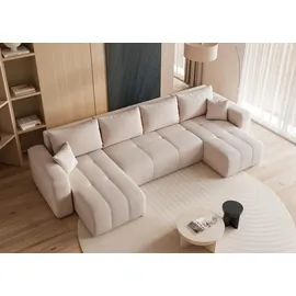 idohome U-förmige Wohnlandschaft mit Schlaffunktion und Bettkasten 3-Sitzer Beige