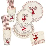 140Pcs Partygeschirr Set,Pappteller Set Mit Teller,Becher,Serviette Und Strohhalme,Severs 25 GäSte