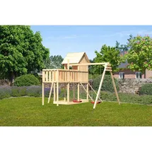 Karibu Spielhaus Frieda mit Doppelschaukelanbau Natur