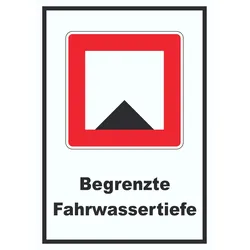 Begrenzte Fahrwassertiefe Tiefe unter Wassserspiegel begrenzt Symbol und Text A0 (841x1189mm)