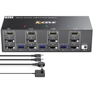 YOUTINGHDAV KVM Switch 3 PC 3 Monitore 8K@60Hz, 4K@144Hz, USB 3.0 KVM Switch Triple Monitor 2 Displayport 1.4 + HDMI 2.1 für 3 PC Teilen Maus, Tastatur mit Wired Remote