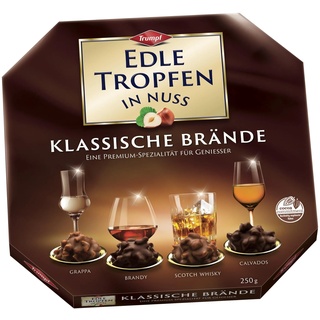 Edle Tropfen in Nuss Klassische Brände 250g, flüssig gefüllte Schokoladenpralinen mit Milchschokoladen-Überzug und knackigen Haselnuss-Splittern